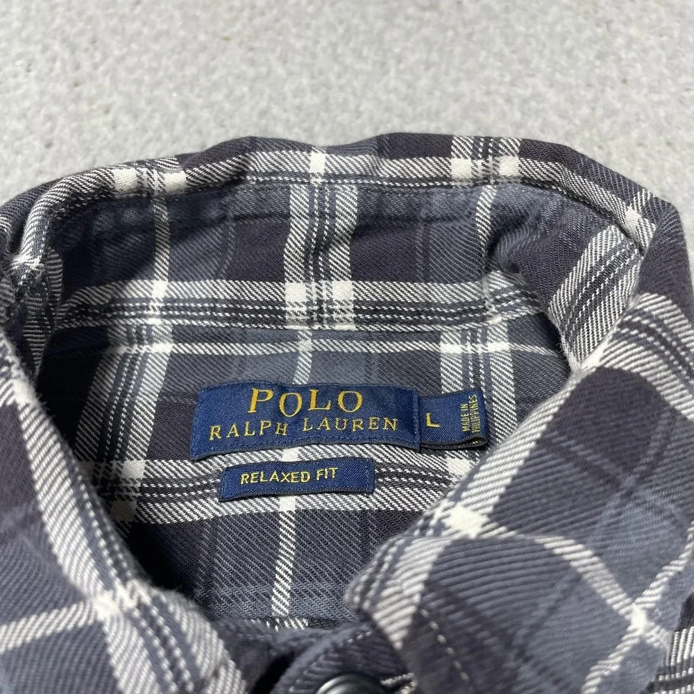 Polo Ralph Lauren Shirt Mens Large Navy Blue Plaid Flannel Button Up Casual‎